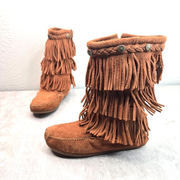 Minnetonka Moccasin Boots Girl Size 4 Suede Brown Fringe Southwestern Booties - Picture 1 of 14
